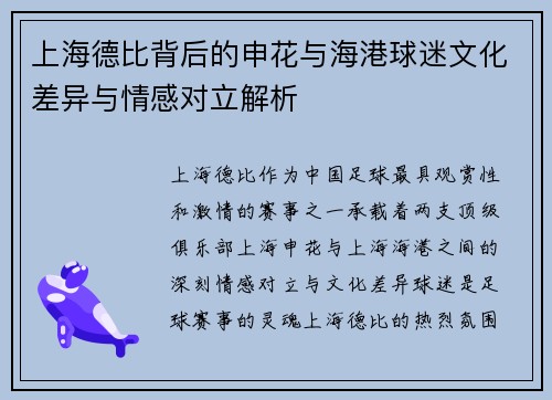 上海德比背后的申花与海港球迷文化差异与情感对立解析